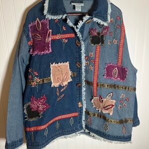 Vintage 90s Colorful Patchwork Embroidered Leaf Nature Denim Jacket Women’s 2X